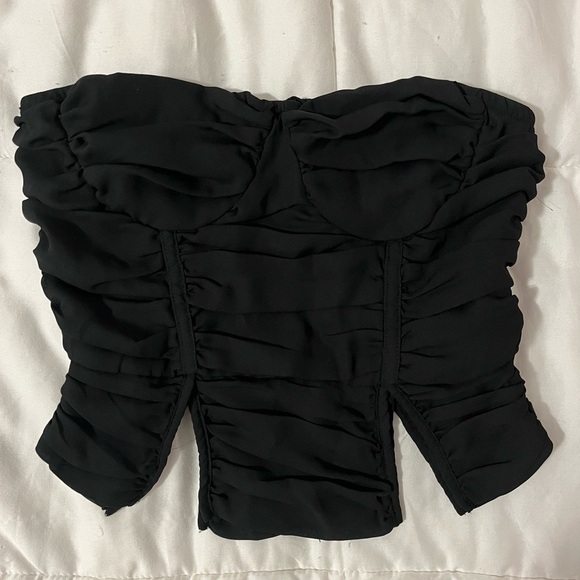 Pretty Little Thing Women’s Black Chiffon Ruched Spilt Hem Bandeau Corset Top - Picture 6 of 8